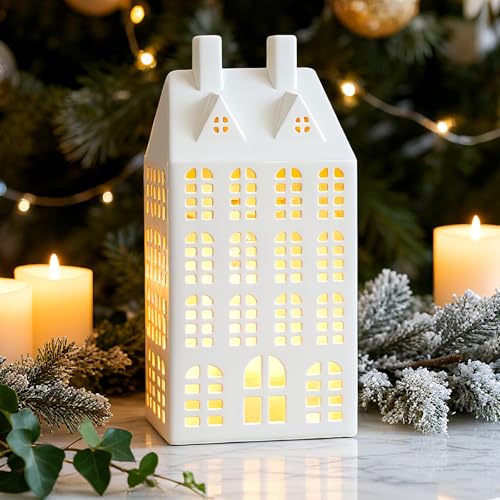 Light-Up White Ceramic Christmas Village House - LED Tabletop Decor