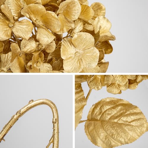 Hollyone Gold 3-Pack Artificial Hydrangea Flowers 26.8in – Fake Floral Centerpieces for Wedding, Party, Christmas