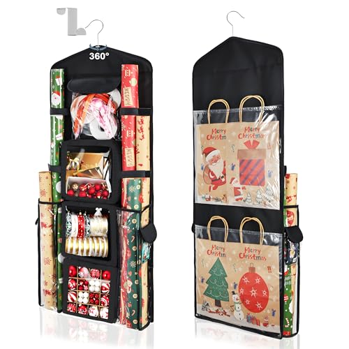 Double-Sided Gift Bag and Wrapping Paper Storage Organizer with 360° Rotating Hook