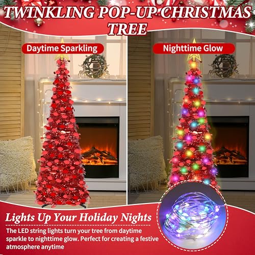 5ft Prelit Pop-Up Christmas Tinsel Pencil Tree with 50 LED Lights - Red