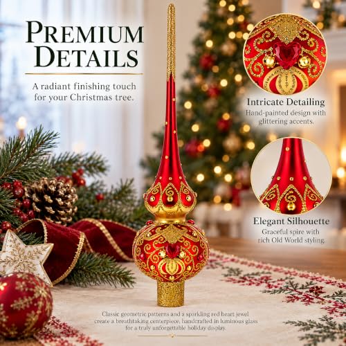Golden Scrolls on Red Glass Christmas Tree Topper 11 Inches – Hand-Painted Ukrainian Craft