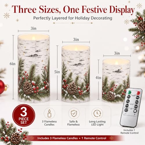 Winter Birch Flameless Candles Set - 3 Color-Changing LED Pillars with Remote