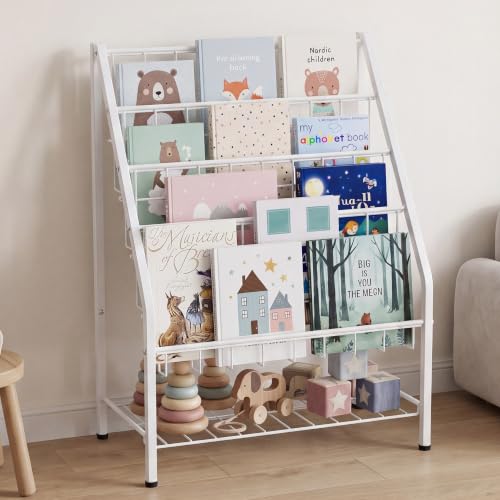 4-Tier Metal Kids Bookshelf with Bottom Storage, White Forward-Facing Shelf