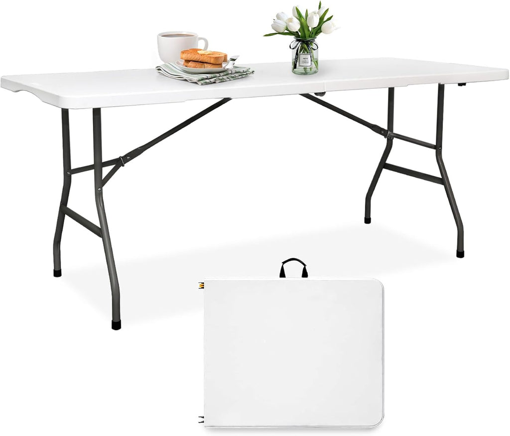 Pollilar 6FT Folding Table - Portable HDPE Banquet Table for Meetings, Picnics & Weddings - White