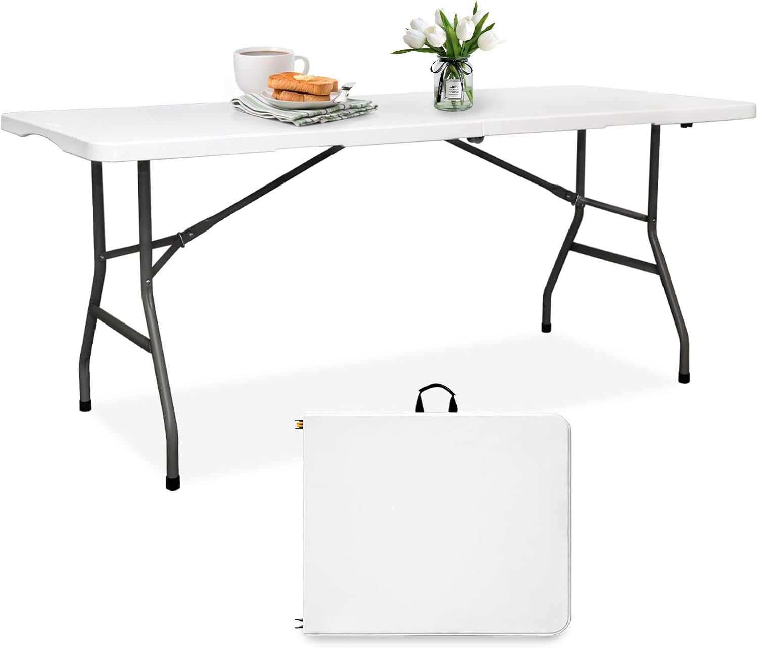 Pollilar 6FT Folding Table - Portable HDPE Banquet Table for Meetings, Picnics & Weddings - White