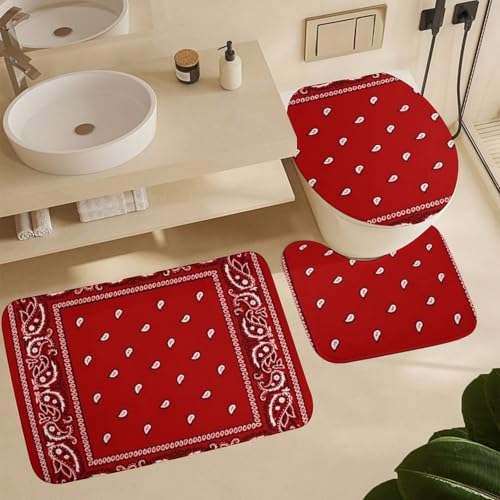 Red Bandana 4-Piece Bathroom Set - Non-Slip Floor Mat & Shower Curtain