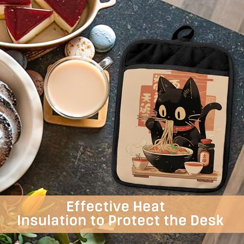Japanese Cat Print Pot Holders with Pockets - Heat Resistant Cotton Set