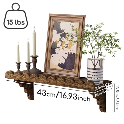 17-Inch Scalloped Floating Wall Shelf, Rustic Solid Wood Display Ledge