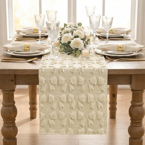 13x60 Inch Beige Faux Fur Jacquard Bows Table Runner - Valentine's Home Decor