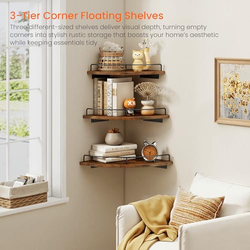 3-Piece Wall Mounted Corner Floating Shelves with Guardrail, Rustic Brown