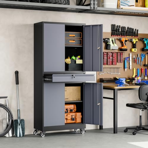 73" Metal Garage Storage Cabinet with Locking Doors, Drawer, and Shelves