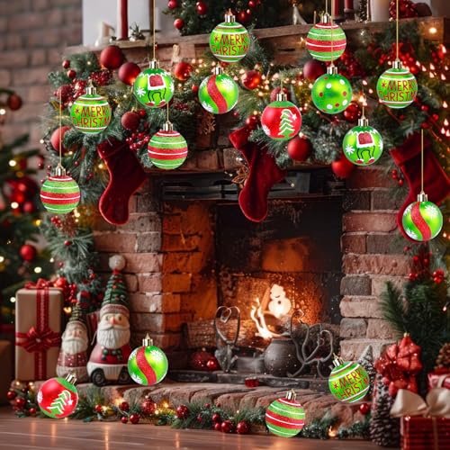 MEMOVAN Elf Christmas Ball Ornaments 2.4 inch Red & Green 12pcs—Shatterproof Candy Cane Elf Baubles