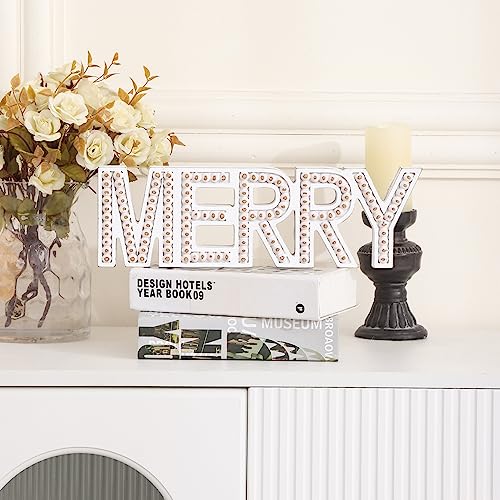 Merry Christmas Sign, Free Standing Wooden Small Christmas Centerpieces For Tables, Rustic Merry Letter Christmas Decorations, Beaded Farmhouse Meery Christmas Wall Decor