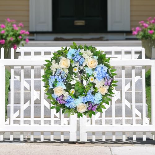 24-Inch Lighted Spring Hydrangea Wreath with Timer for Front Door Decor
