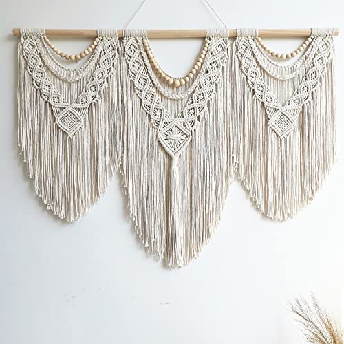 Large Macrame Wall Hanging Woven Boho Tapestry Decor with Wood Beads - 43" x 32"