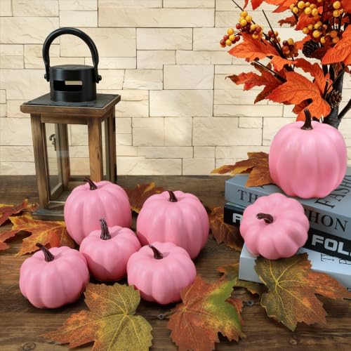 7-Piece Pink Artificial Foam Pumpkin Set for Fall Thanksgiving Decor
