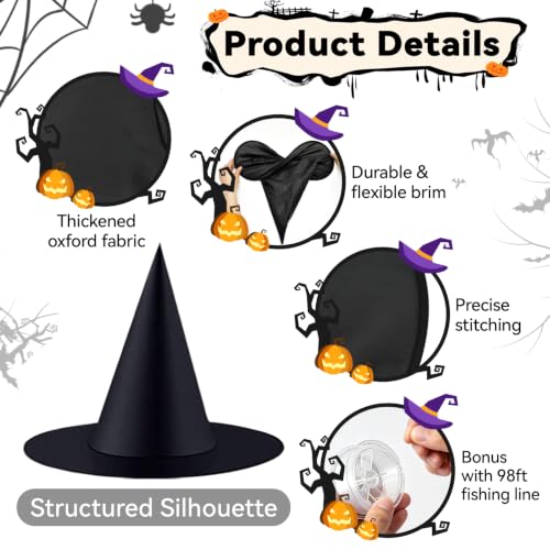 12 Pcs Hanging Witch Hats Set with 98ft Rope for Halloween Party Decor