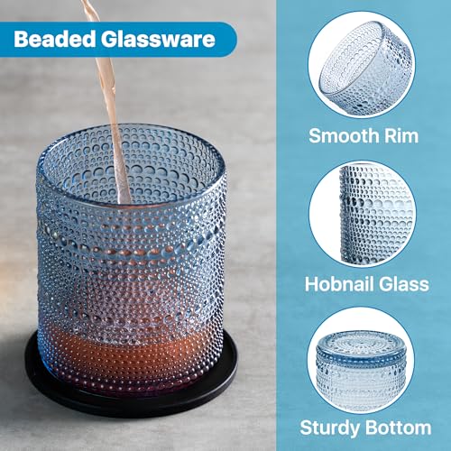 DmmyAlzx Blue Hobnail Drinking Glasses Set of 12 with 6 Silicone Coasters - Vintage Style