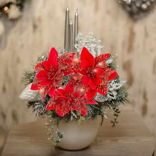 Cliselda 30Pcs Red Poinsettia Artificial Christmas Flowers with Clips - Holiday Decor