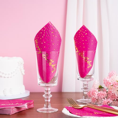 Wrapaholic 25-Pack Hot Pink Gold Foil Happy Birthday Cocktail Napkins 5x5 Inches