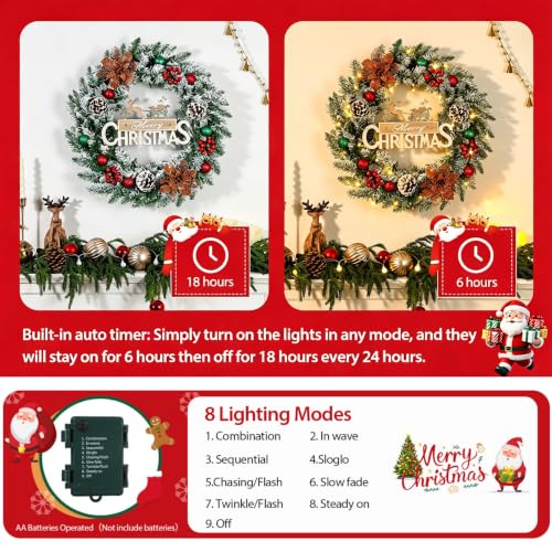 24 Inch Prelit Christmas Wreath with LED Lights – Battery Powered, Tenrry (Variation: 24inch)