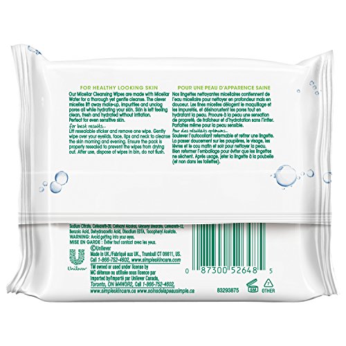 Simple Kind to Skin Cleansing Wipes Micellar 4 Count Gentle and Effective Makeup Remover Free From Color and Dye, Artificial Perfume and Harsh Chemicals 25 Wipes