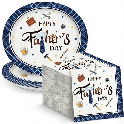 Father's Day Paper Plates and Napkins Set - Blue Plaid Theme, 50 pcs