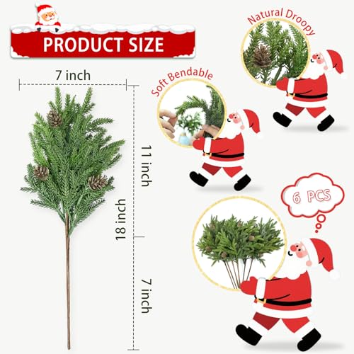 RHTRJ 6 Pcs Christmas Greenery Stems with Pinecones, Realistic Artificial Pine Branches for Wreaths, Garlands & Vase Decor