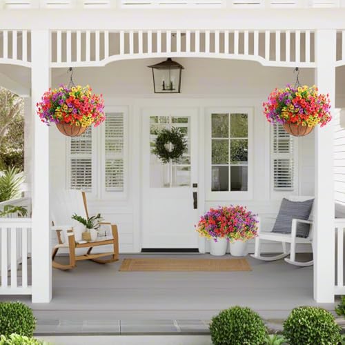 Artificial Outdoor Flowers with Hanging Baskets - Set of 2 UV Resistant Plants