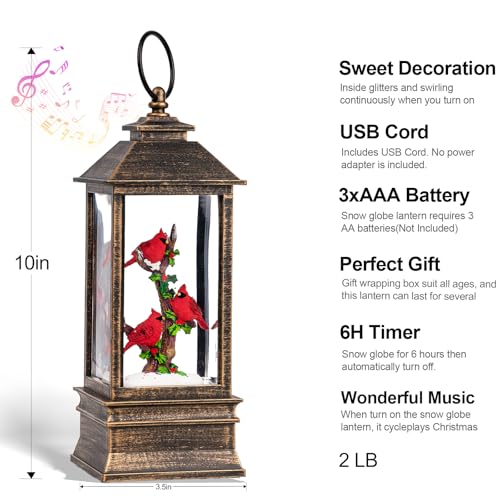 10-Inch Musical Christmas Snow Globe Lantern with Red Cardinals & Timer