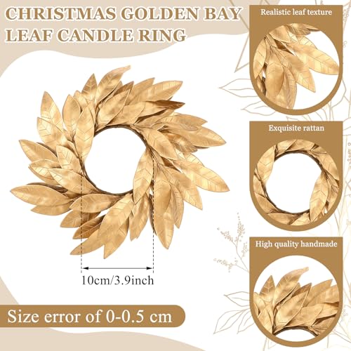 Gold Bay Leaf Candle Ring Wreaths - 2-Piece Christmas Centerpieces (3.9 In)