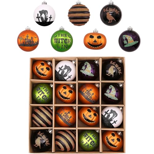 16-Piece Halloween Ornament Set - 3.2-Inch Shatterproof Hanging Decorations