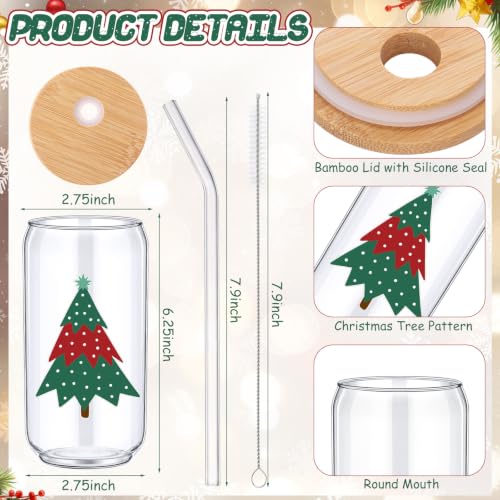 Tioncy 8 Pcs 16oz Christmas Tree Glass Cups with Bamboo Lids, Straws & Brush Set (Christmas Variation)