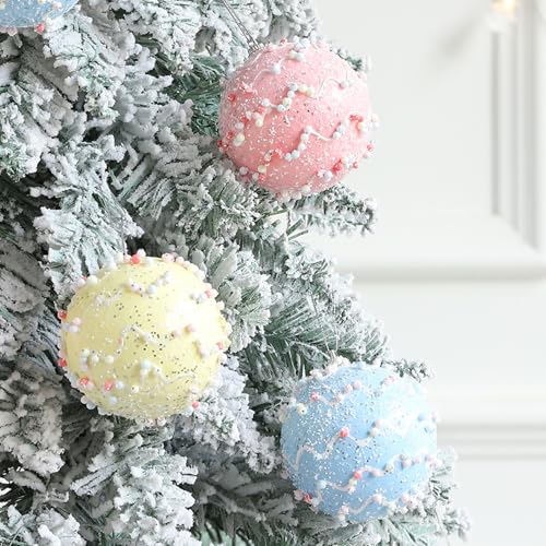 Pastel Glitter Foam Christmas Ornaments 12-Piece Set, Shatterproof Balls in Pink, Blue, Yellow & Mint