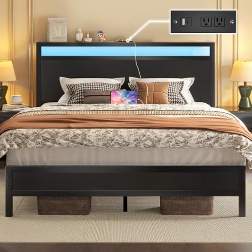 Queen Bed Frame with Storage Headboard, LED Lights & Charging Station