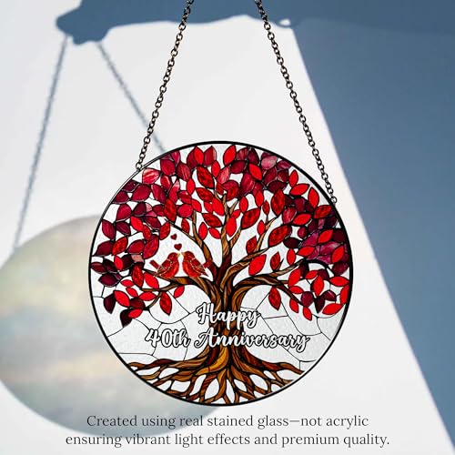 40th Wedding Anniversary Stained Glass Suncatcher - Ruby Tree of Life Gift