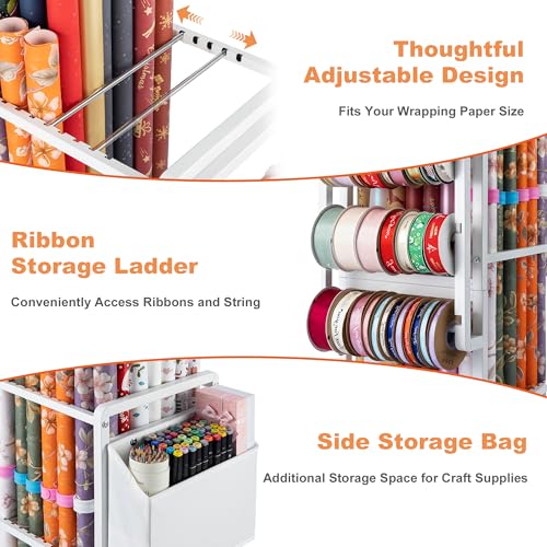 Rolling Gift Wrapping Paper Storage Cart with Adjustable Rods