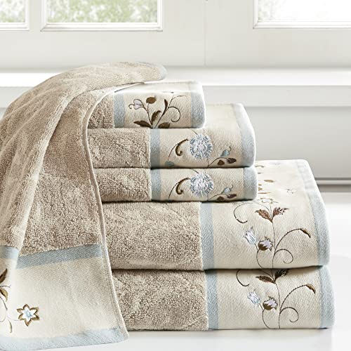 6-Piece Floral Embroidered Cotton Jacquard Bath Towel Set, Blue