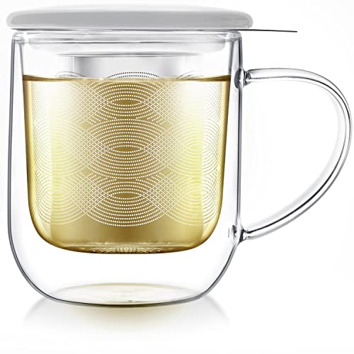 Teabloom Snow White Tea-For-One Steeping Mug, 12 oz Insulated Glass with Stainless Steel Infuser & Porcelain Lid