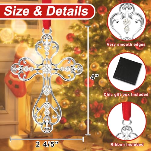 COCHIE Silver Christian Cross Ornament with Gift Box Christmas Religious Decorations