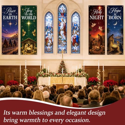4Pcs Nativity Church Banner Set - 72 x 24 in, MOIZYNG National/ Holy Night Joy to the World Peace on Earth Hope Is Born