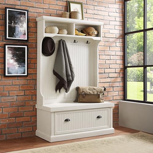 Crosley Furniture Seaside Hall Tree with Shoe Storage - Distressed White Entryway Bench