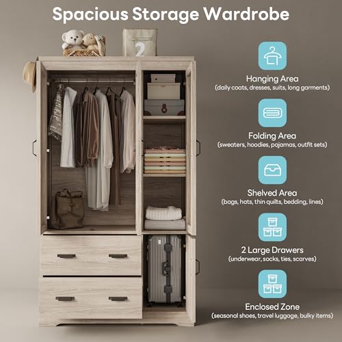 Freestanding Bedroom Wardrobe Closet with Drawers and Hanging Rod, Light Oak