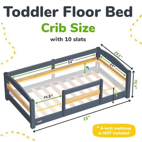 Wooden Toddler Floor Bed with Rails - Low Montessori Crib Size Frame