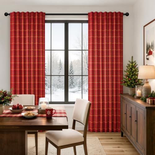 MIULEE Red Plaid Gingham Curtains 2 Panels 52W x 95L - Farmhouse Window Drapes
