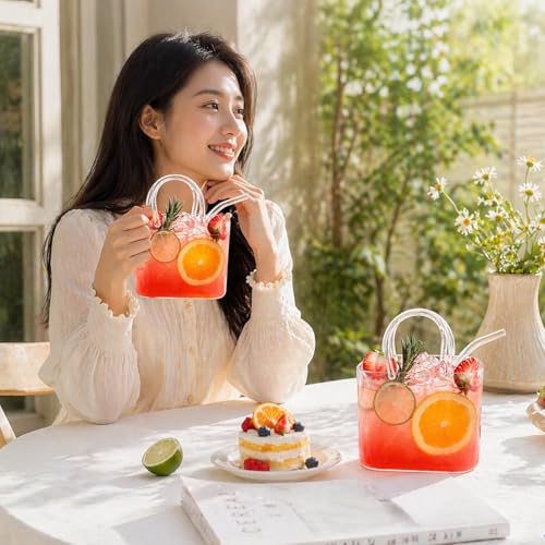 Handbag Shaped Glass Cup with Straw - 26oz Trendy Drinking Glass