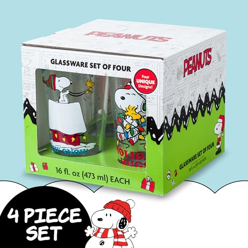 Peanuts Snoopy Holiday Boxed Pint Glass Set - 4 Pack, 16oz, Official Peanuts Merchandise