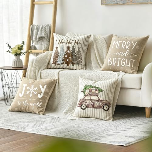 Neutral Farmhouse Christmas Pillow Covers Set of 4 18x18 Inches Double-Sided Linen Blend Decor