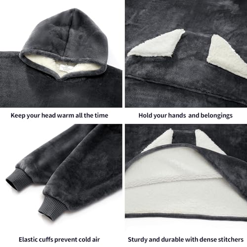 Touchat Grey Wearable Blanket Hoodie for Kids & Teens 6-13, Oversized Sherpa Fleece with Pocket
