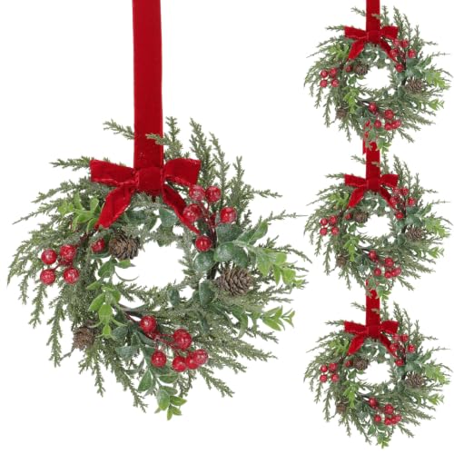 4Pcs 12" Mini Christmas Wreath Cabinet Wreaths for Kitchen Red Bow